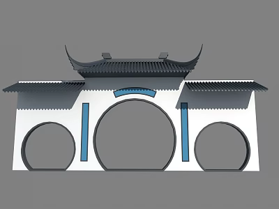 Traditional Chinese Architectural Archway With Curved Roof Eaves And Three Circular Arches 3d model