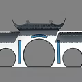 Traditional Chinese Architectural Archway With Curved Roof Eaves And Three Circular Arches