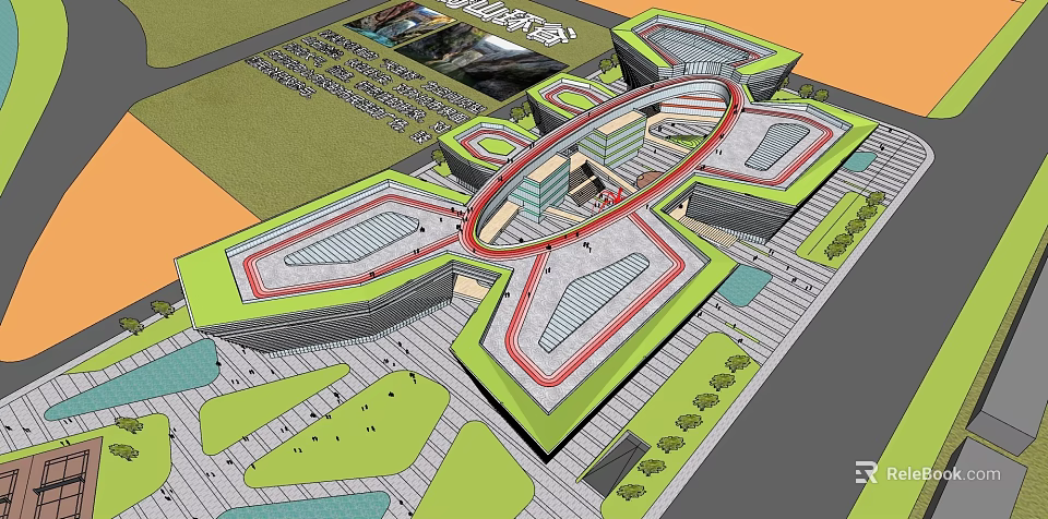 Large Commercial Complex Architectural Plan With Circular Design And Green Spaces 3d model