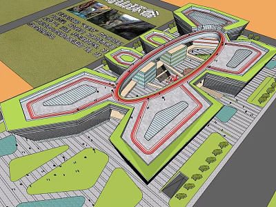 Large Commercial Complex Architectural Plan With Circular Design And Green Spaces 3d model