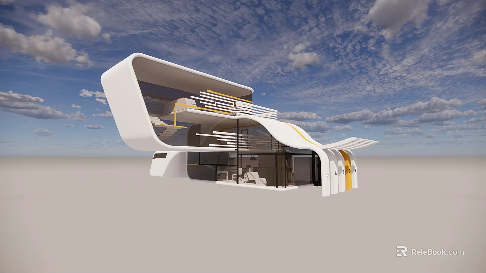 Sleek Modern Detached Villa Featuring White Exterior Yellow Accents And Large Windows 3d model 