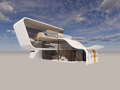 Sleek Modern Detached Villa Featuring White Exterior Yellow Accents And Large Windows 3d model