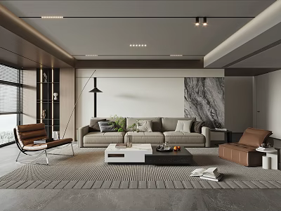 Modern Minimalist Living Room With Sofa Brown Chairs Coffee Table And Marble Wall Art 3d model
