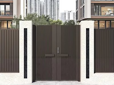 Modern Dark Brown Double Door Gate With White Pillars Black Accents And Greenery 3d model