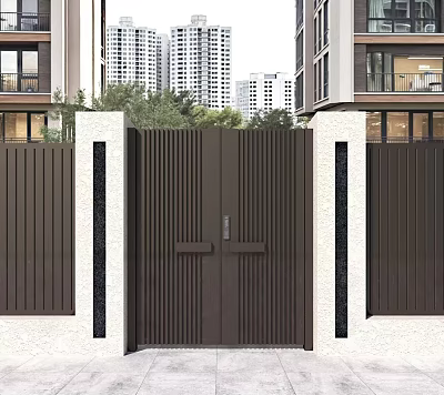 Modern Dark Brown Double Door Gate With White Pillars Black Accents And Greenery 3d model