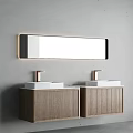 Modern Ribbed Wooden Bathroom Vanity Cabinets With Double White Sinks Gold Faucets And Lighted Mirror
