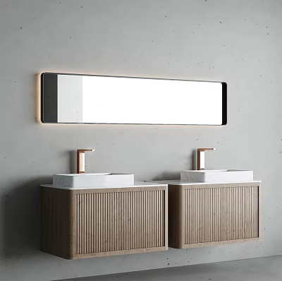 Modern Ribbed Wooden Bathroom Vanity Cabinets With Double White Sinks Gold Faucets And Lighted Mirror 3d model