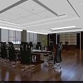 Modern Office Meeting Room Long Table Black Chairs Wooden Flooring Large Windows Ceiling Light Strips