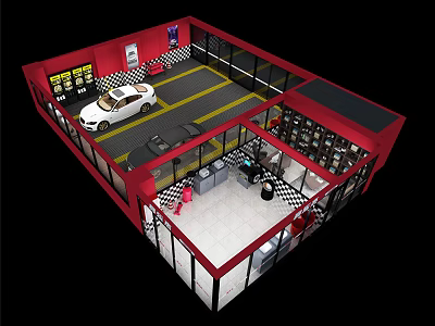 Car Dealership Showroom With Red Interior White Car Service Area And Glass Walls 3d model