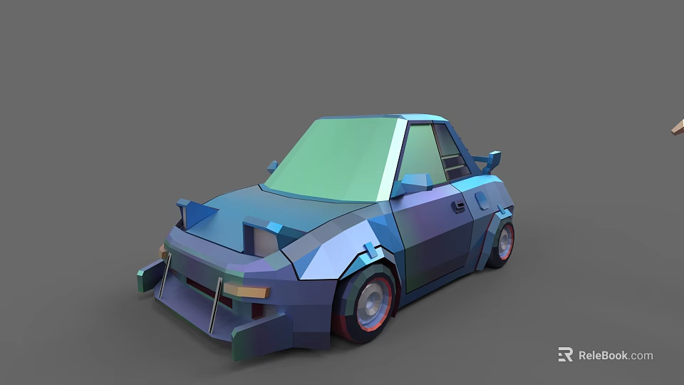 Woman Standing Next to Low Poly Blue Car on Gray Background 3d model 