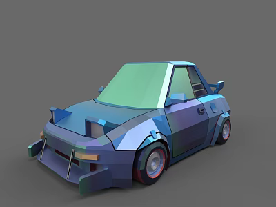 Woman Standing Next to Low Poly Blue Car on Gray Background 3d model