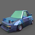 Woman Standing Next to Low Poly Blue Car on Gray Background