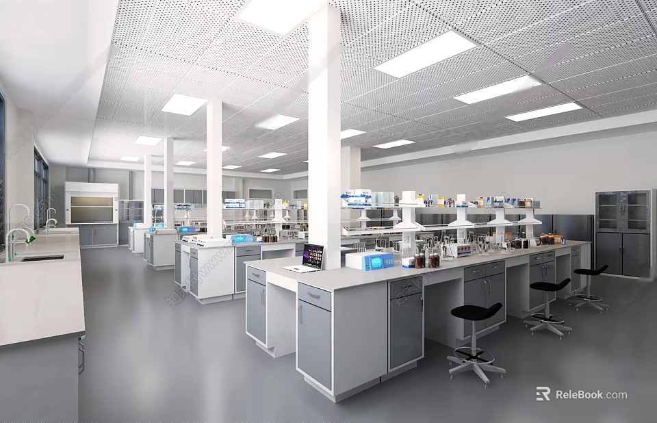 Modern Laboratory Interior Featuring Multiple Lab Benches Equipment And Reagents In Clean Organized Space 3d model 