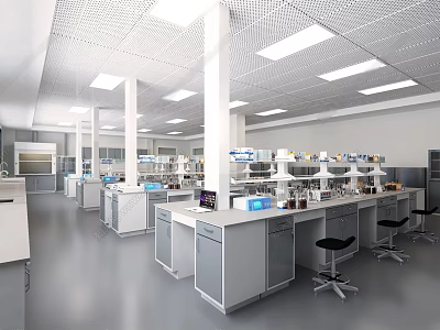 Modern Laboratory Interior Featuring Multiple Lab Benches Equipment And Reagents In Clean Organized Space 3d model