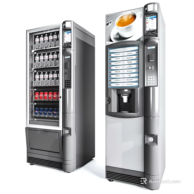 Modern Kitchen Appliances Featuring Beverage And Coffee Vending Machines With Automatic Dispensing 3d model 