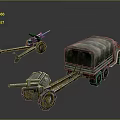 3D Rendered Military Weapons Featuring Cannons And Transport Truck With Wheels And Canvas Cover