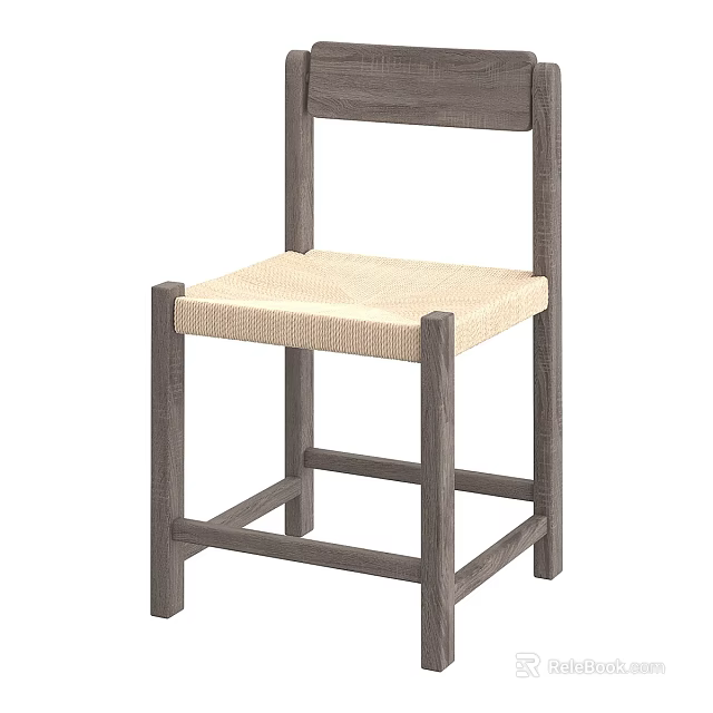 Simple Design Single Chair With Gray Wooden Frame Solid Back And Natural Woven Seat 3d model