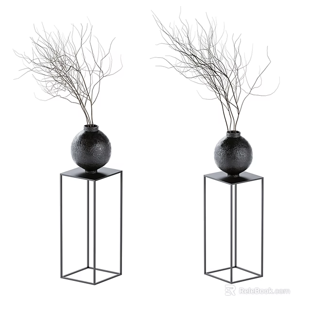 Two Textured Black Vases With Slender Twig Branches On Black Metal Stands 3d model 
