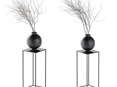 Two Textured Black Vases With Slender Twig Branches On Black Metal Stands 3d model