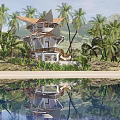 Tropical Villa With Layered Pagoda Roof Palm Trees Pool And Scenic Mountain Views