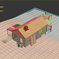 Cartoon Scene Featuring Small House with Red Roof Green Walls Wooden Dock Chimney and Barrels