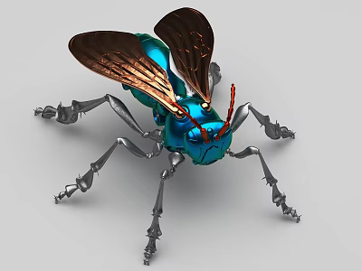 Smart Machine as Mechanical Insect with Blue Body Brown Wings Red Antennae and Silver Legs 3d model