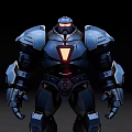 Smart Machine Blue Mech with Glowing Red Parts Standing on Black Platform