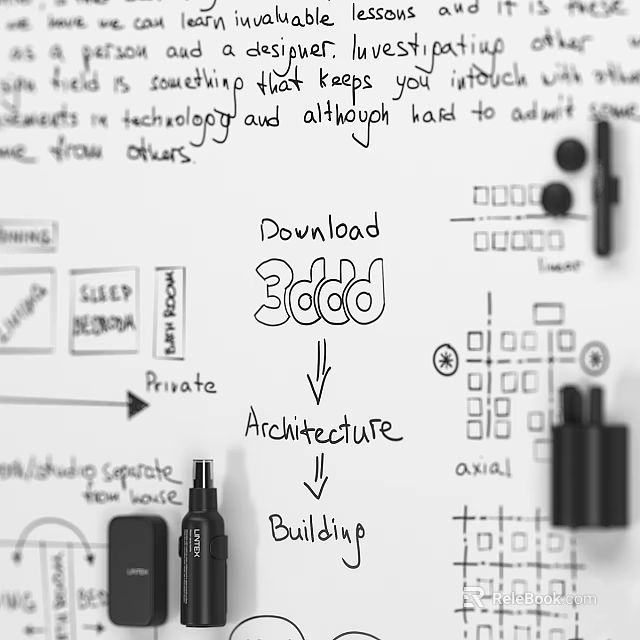 Download 3ddd Architecture Building Sketches On Whiteboard With Drawing Tools 3d model 