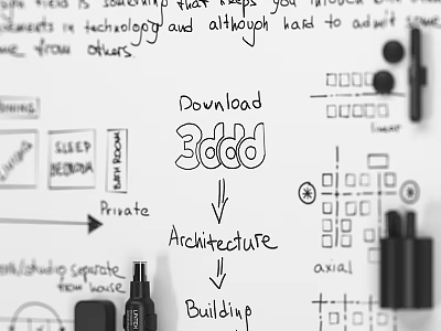 Download 3ddd Architecture Building Sketches On Whiteboard With Drawing Tools 3d model