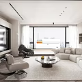 Modern Living Room Interior With Large Windows City View Beige Sofa Armchair And Coffee Table
