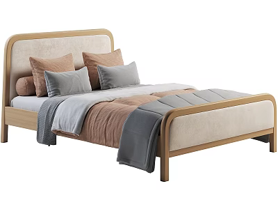 Comfortable Background Double Bed With Wooden Headboard Multiple Pillows and Simple Colorful Bedding Design 3d model