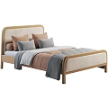 Comfortable Background Double Bed With Wooden Headboard Multiple Pillows and Simple Colorful Bedding Design