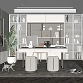 Modern Home Office Interior With Glass Door Bookcase Writing Desk Computer And Green Plant
