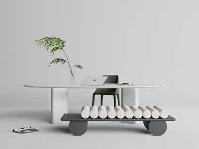 Modern White Desk Setup With Laptop Green Plant And Bench Holding White Shoes 3d model
