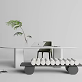 Modern White Desk Setup With Laptop Green Plant And Bench Holding White Shoes