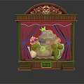 Green Frog Puppet On Red Curtain Stage With Decorative Wooden Theater Frame