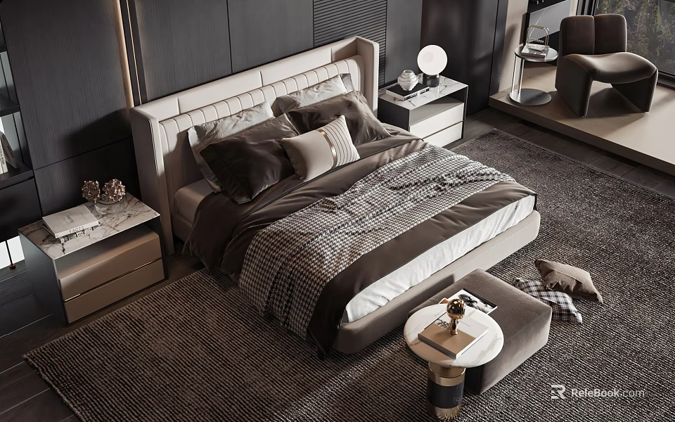 Elegant Double Bed Interior With Beige Upholstered Headboard Grey Striped Blanket And Nightstands 3d model 