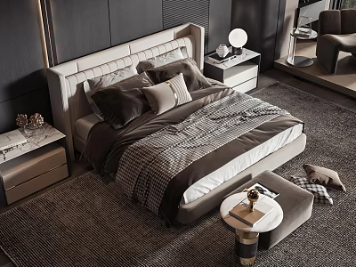 Elegant Double Bed Interior With Beige Upholstered Headboard Grey Striped Blanket And Nightstands 3d model