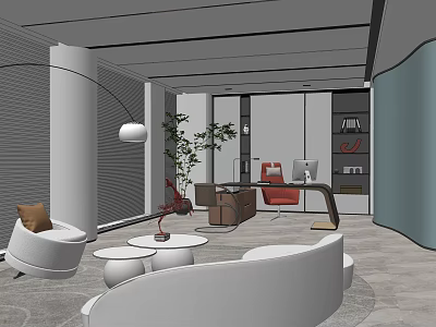 Modern Office Interior With Lounge Sofa Round Tables Plant And Floor Lamp 3d model