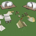 Campsite with white dome and teepee tents tables and chairs on green grass