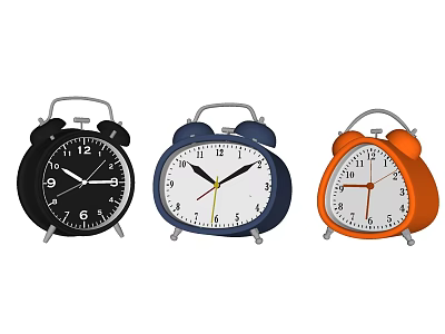 Three Black Blue and Orange Alarm Clocks With Top Bells And Round Clock Faces 3d model