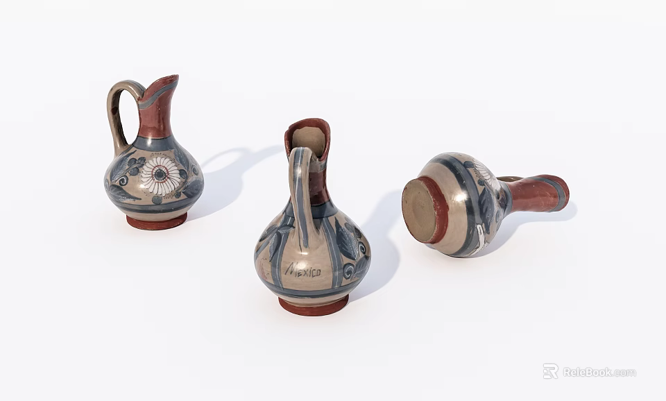 Three Decorative Ceramic Jugs With Hand Painted Blue Beige Patterns Red Base 3d model 