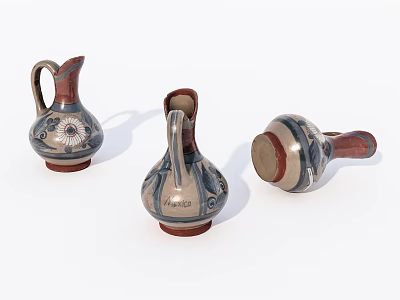 Three Decorative Ceramic Jugs With Hand Painted Blue Beige Patterns Red Base 3d model