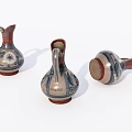 Three Decorative Ceramic Jugs With Hand Painted Blue Beige Patterns Red Base