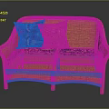 Orange Rattan Two Seater Sofa With Blue Cushions And Leaf Patterned Pillows