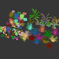 Cartoon Scene Featuring Various 3D Modeled Green Potted Plants With Lush Foliage