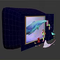 Cartoon Scene With Blue Starry Box Orange Frame Whale Astronaut White Creatures