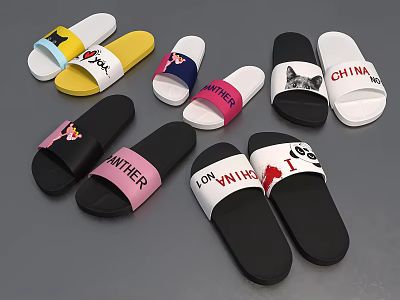 Colorful Casual Slippers With Cartoon Patterns Text Prints And Various Designs 3d model