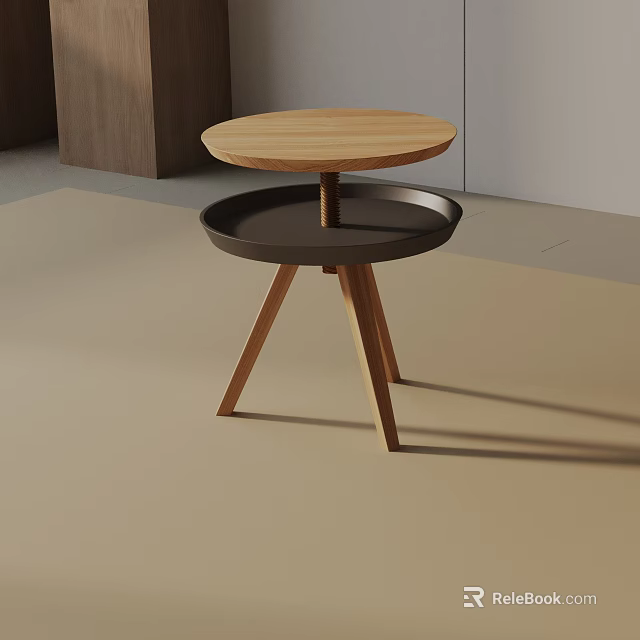 Modern Minimalist Side Table With Two Tier Wooden Top Black Tray And Triangular Wooden Legs 3d model 