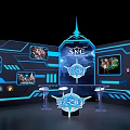 Modern Tech Exhibition Booth With SYC Logo Blue Lighting And Game Character Screens